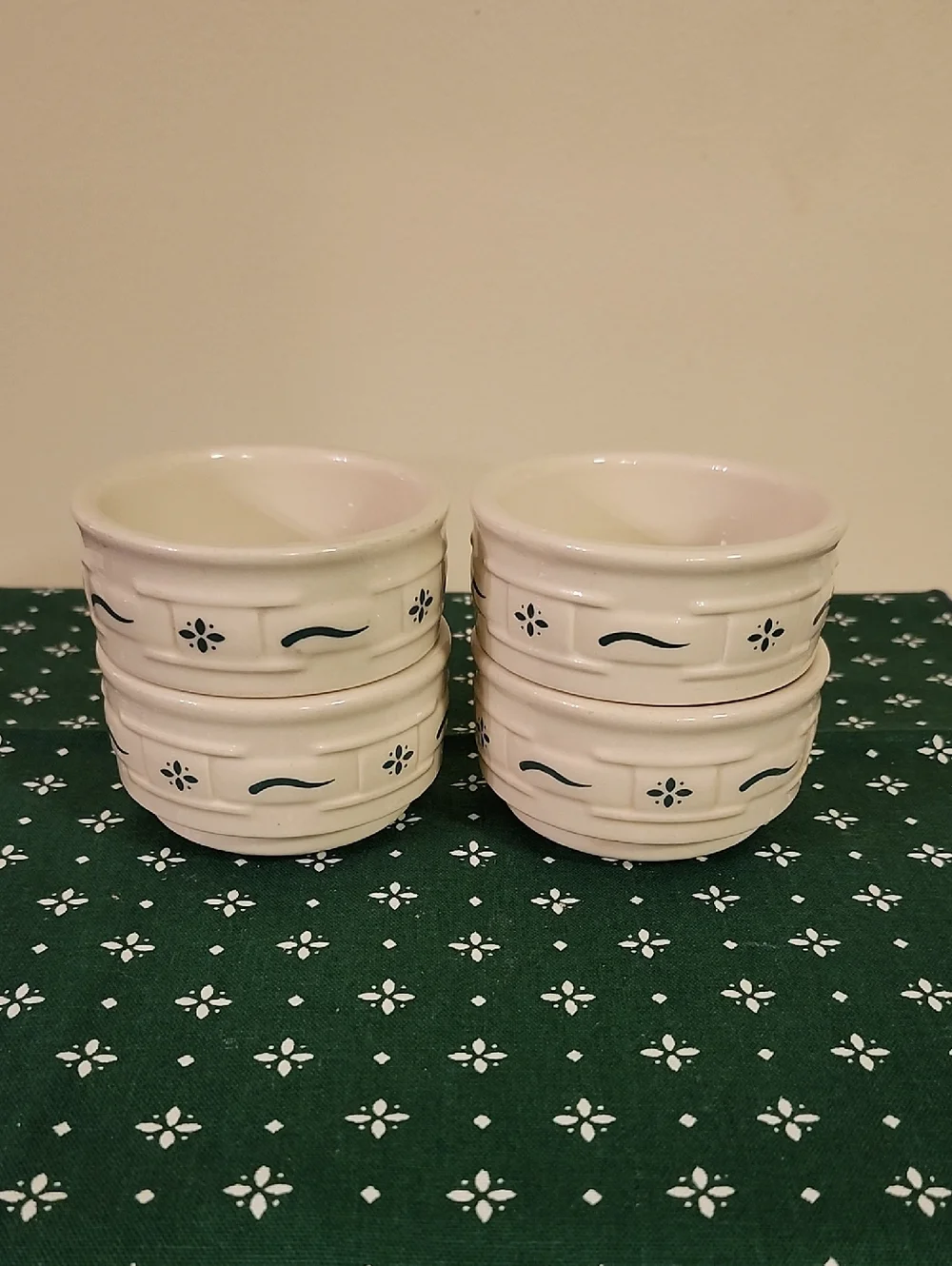 Longaberger Woven Traditions Pottery Heritage Green Set of 4 Ramekins